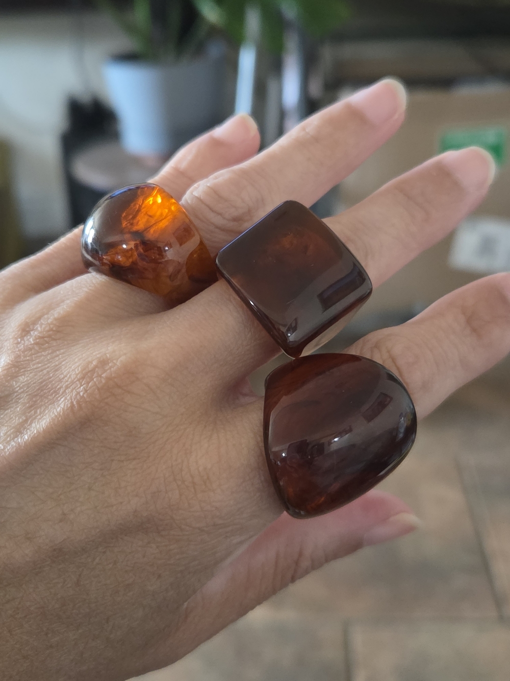 Amber Brown Resin Statement Ring Set